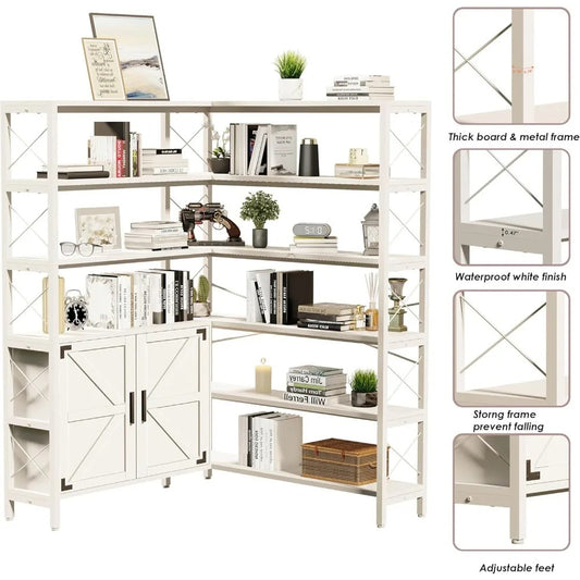 6-Tier L-Shaped Industrial Corner Bookshelf with Cabinet – Large Freestanding Metal & Wood Bookcase for Living Room or Office