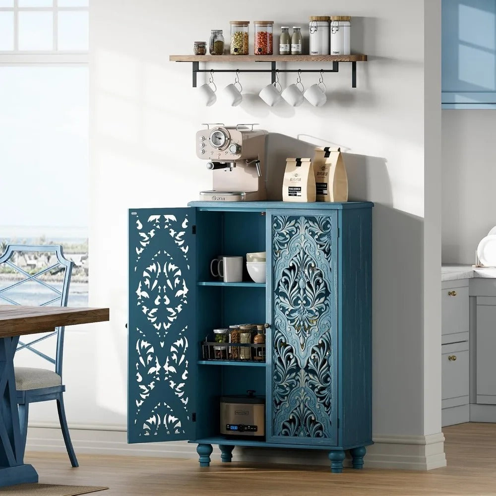 Carved Blue Accent Cabinet with Doors – 47" Farmhouse Storage Cabinet with Solid Wood Legs for Entryway, Bedroom & Living Room