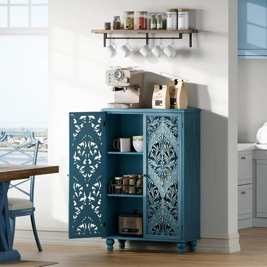 Carved Blue Accent Cabinet with Doors – 47" Farmhouse Storage Cabinet with Solid Wood Legs for Entryway, Bedroom & Living Room