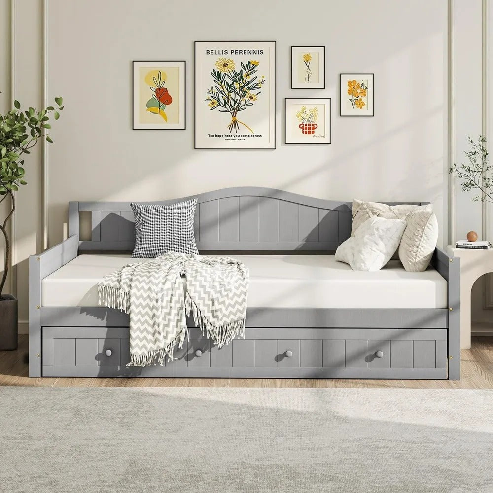 Modern Twin Daybed with Trundle – Solid Wood Frame, Grey Finish, No Box Spring Needed