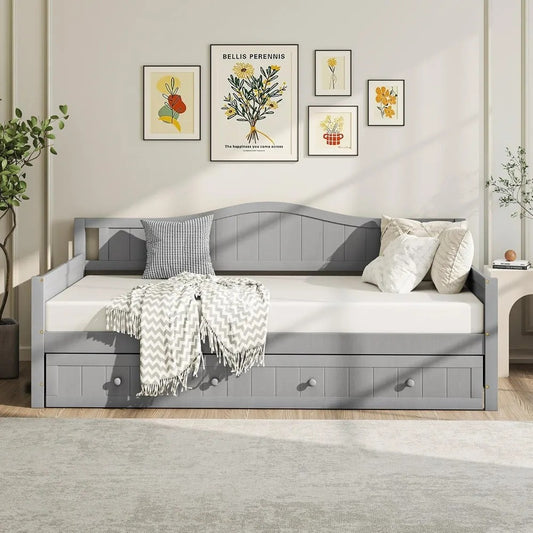 Modern Twin Daybed with Trundle – Solid Wood Frame, Grey Finish, No Box Spring Needed