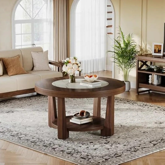 2-Tier Round Coffee Table – Industrial Style with Heavy-Duty Wood Top & Storage Shelf, White/Brown Center Table for Living Room