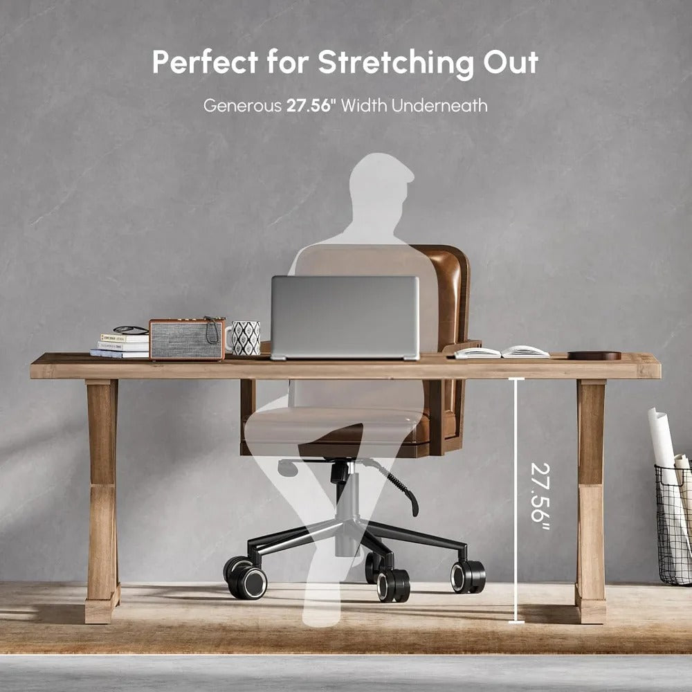 59" Rustic Farmhouse Office Desk – Executive Computer Table with Trestle Base, Natural Wood Finish