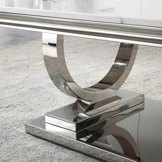 Modern Marble Coffee Table – White Rectangular Top with Silver Mirrored U-Shape Stainless Steel Base