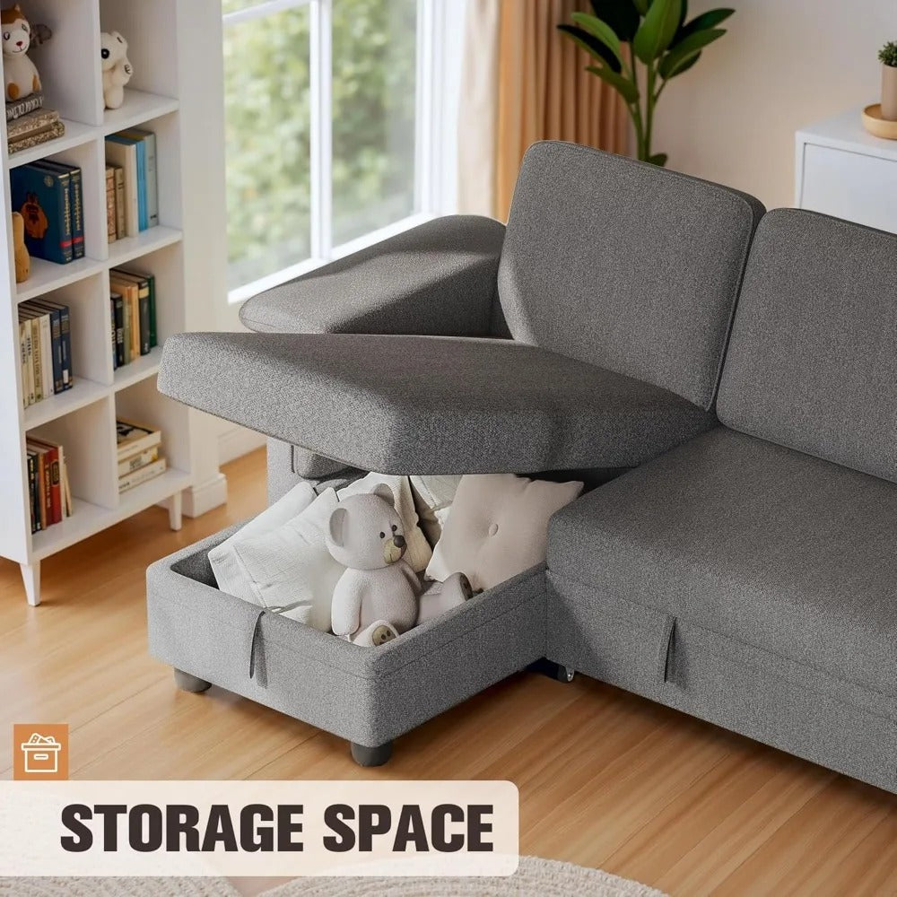 L-Shaped Sleeper Sofa with Pull-Out Bed & Storage Chaise – Space-Saving Linen Couch for Small Living Rooms