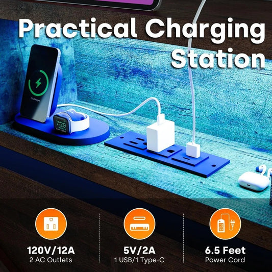 Farmhouse Queen Bed with Bookcase Headboard, LED Lights, Charging Station & Storage Drawers