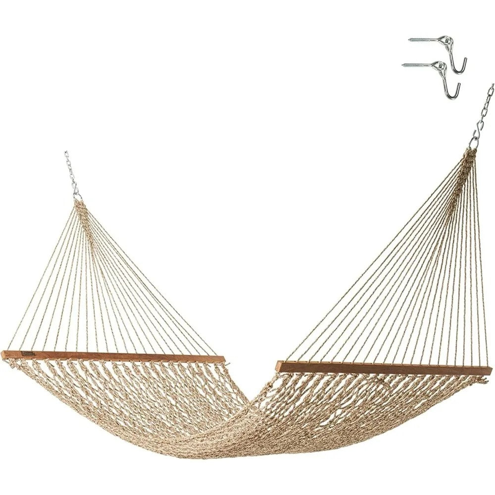 Large Oatmeal Rope Hammock for 2 – Handcrafted Duracord Hammock with Spreader Bars, Tree Hooks & Chains – 450 lb Capacity