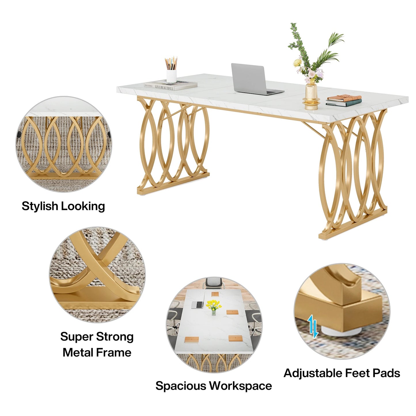 Modern White & Gold Executive Desk – 63" Large Conference Table or Home Office Workstation