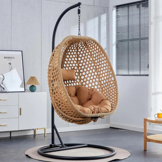Hanging Egg Swing Chair with Stand & Cushion – Foldable Rattan Basket Lounge for Indoor/Outdoor Relaxation (Khaki Yellow)
