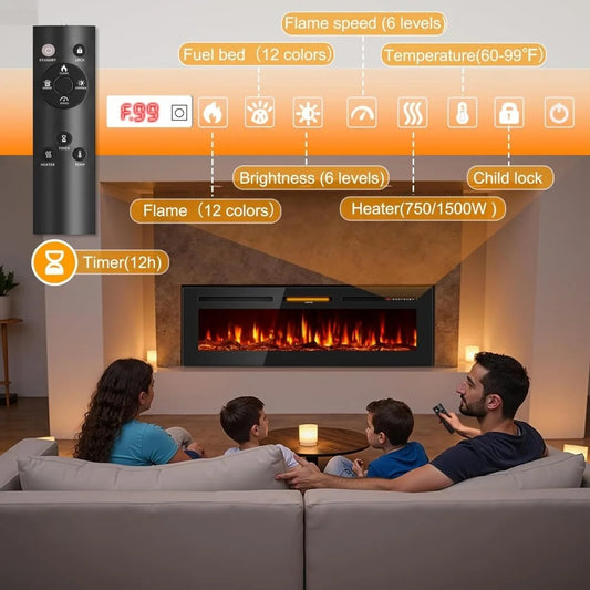 60" Wall-Mounted Electric Fireplace – Ultra-Thin Recessed Heater with 12 Flame Colors & Remote