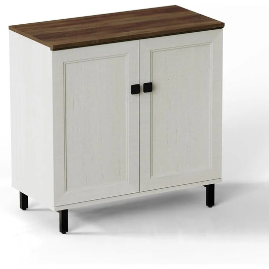 Farmhouse Buffet Sideboard Cabinet – 94” Antique White Storage Credenza with Adjustable Shelves, 6 Doors for Kitchen, Coffee Bar, or Living Room