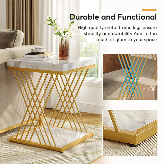 Modern White and Gold Square Side Tables – Set of 2 Elegant 2-Tier Accent Tables