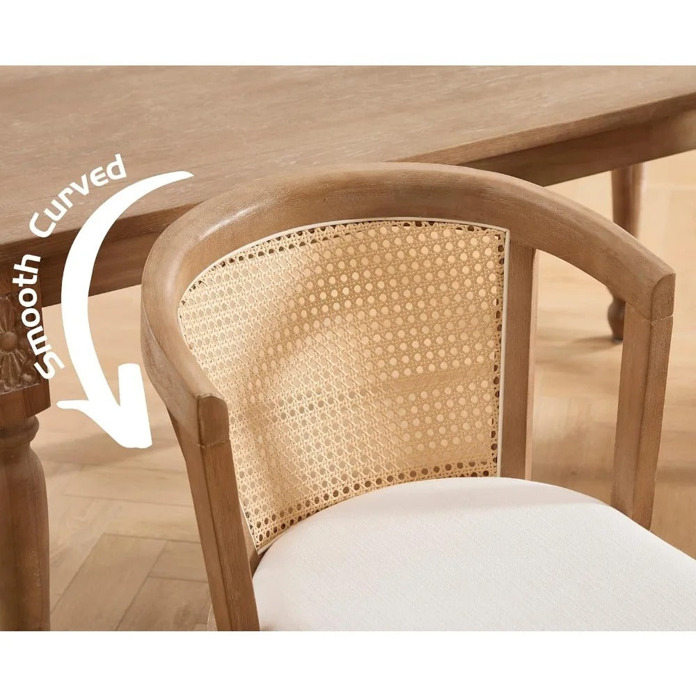 Mid-Century Modern Rattan Dining Chairs Set of 4 – Wooden Farmhouse Cane Back Chairs with Beige Linen Upholstery