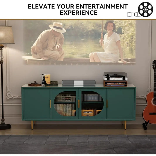 Modern 66" TV Stand for Up to 75" TVs – Green Entertainment Center with Glass Doors, Gold Legs & Storage Cabinets