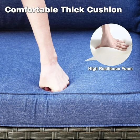 5-Piece Outdoor Wicker Patio Set – High Back Sofa & Ottomans with Navy Cushions, All-Weather Rattan Furniture for Backyard or Porch