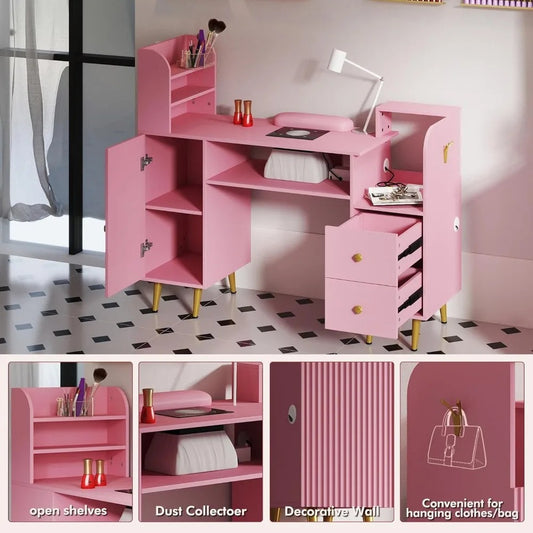 Modern Pink Nail Table with Dust Collector, Storage Cabinets, Power Outlets & Wrist Cushion – Manicure Station for Salon or Home