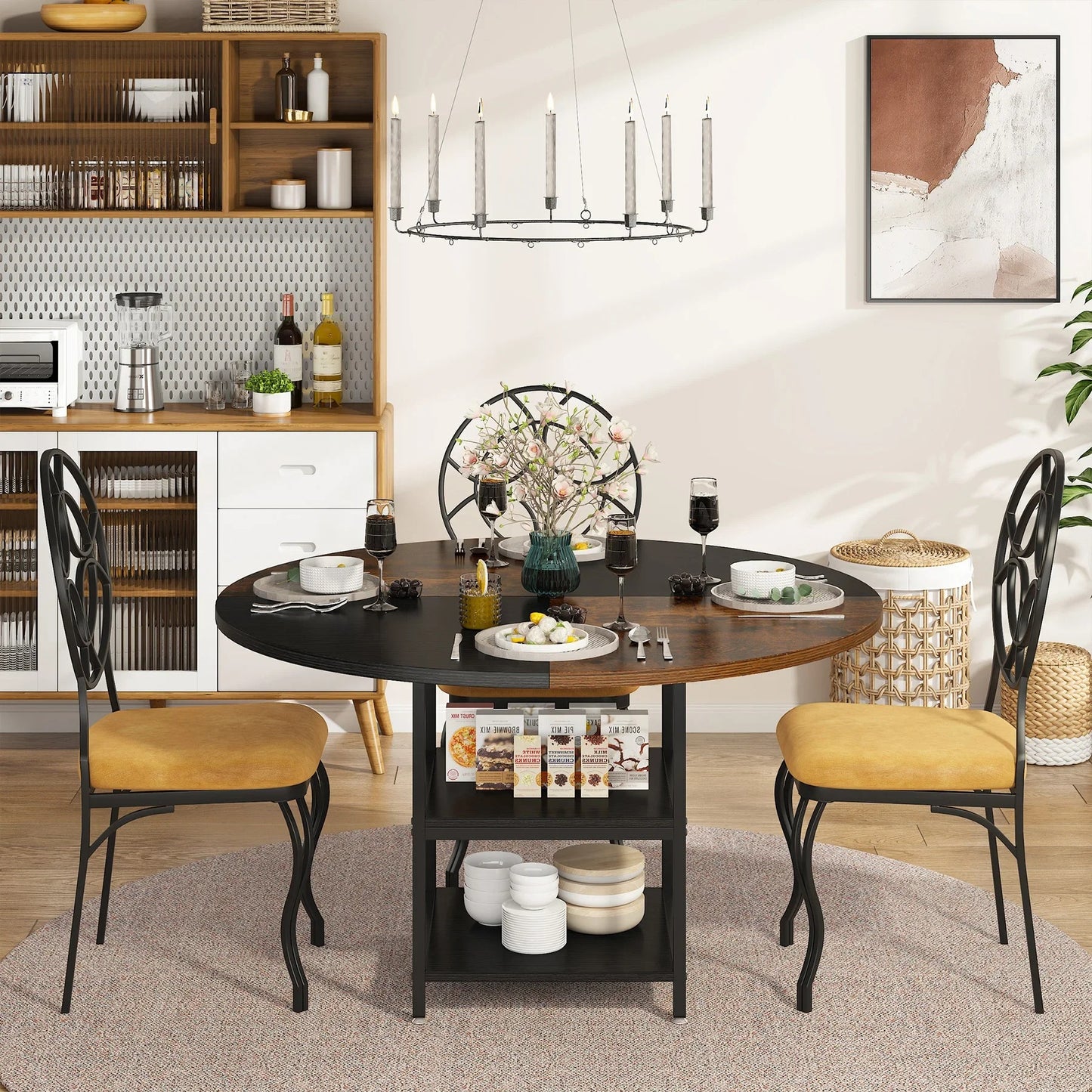 47-Inch Round Dining Table with Storage Shelf – Rustic Wood Kitchen Table for 4