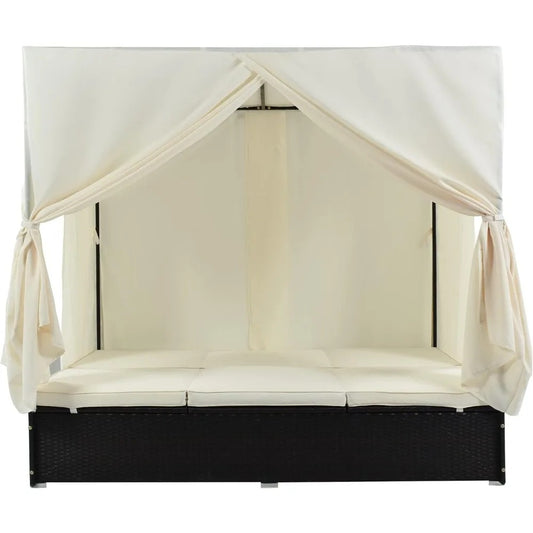 3-Person Outdoor Rattan Daybed with Canopy – Adjustable Patio Sunbed with Cushions & Privacy Curtains, Poolside Lounge Sofa