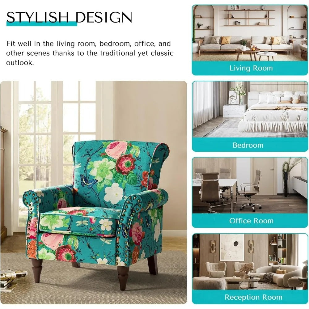 Floral Wingback Accent Chair – Comfy Armchair with Wood Legs & Nailhead Trim, Removable Cushion (Blue)