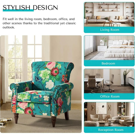 Floral Wingback Accent Chair – Comfy Armchair with Wood Legs & Nailhead Trim, Removable Cushion (Blue)