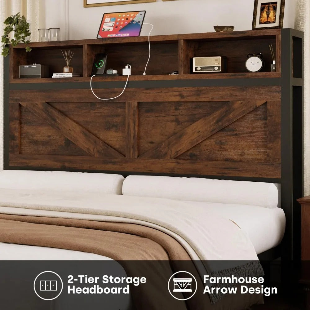 Farmhouse Queen Bed with Bookcase Headboard, LED Lights, Charging Station & Storage Drawers