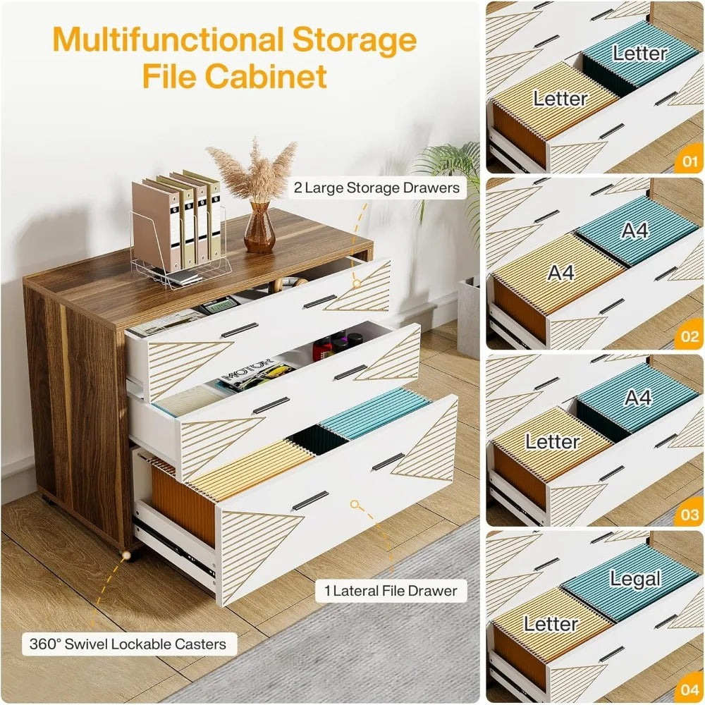 62.99" L-Shaped Executive Desk with Mobile File Cabinet – Large Home Office Workstation, Brown & White