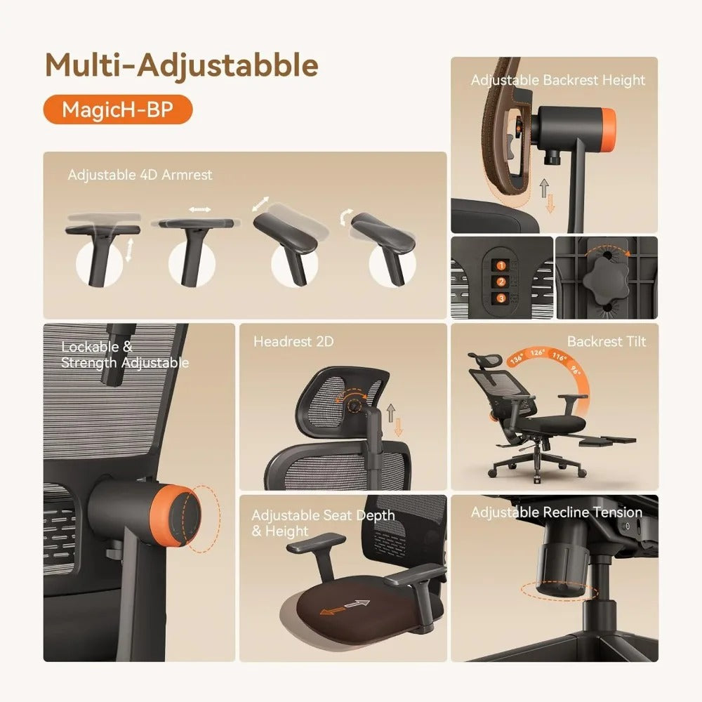 Ergonomic Mesh Office Chair – High-Back Task Chair with Adaptive Lumbar Support, 4D Armrests, Adjustable Headrest & Footrest