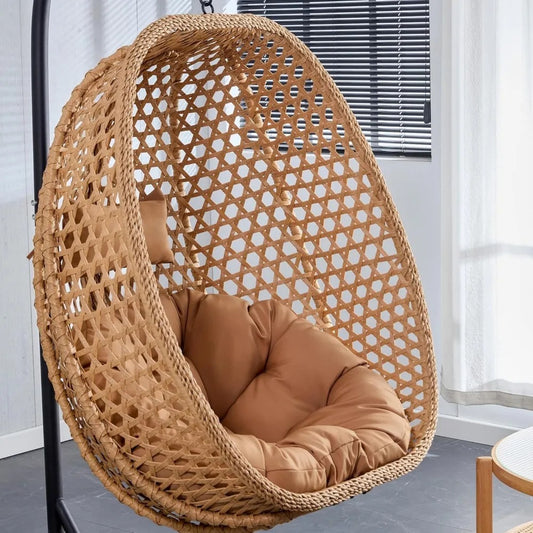 Hanging Egg Swing Chair with Stand & Cushion – Foldable Rattan Basket Lounge for Indoor/Outdoor Relaxation (Khaki Yellow)