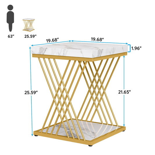 Modern White and Gold Square Side Tables – Set of 2 Elegant 2-Tier Accent Tables