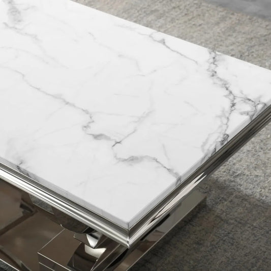 Modern Marble Coffee Table – White Rectangular Top with Silver Mirrored U-Shape Stainless Steel Base