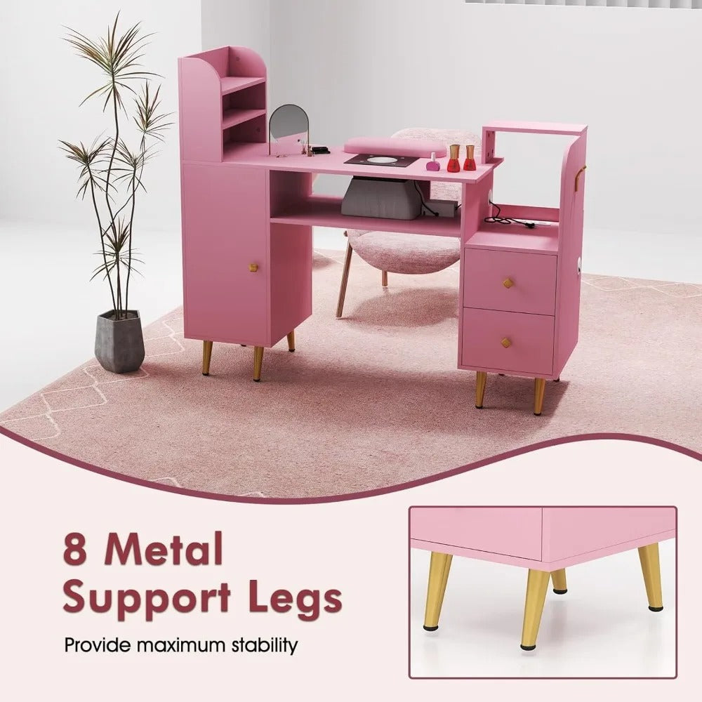Modern Pink Nail Table with Dust Collector, Storage Cabinets, Power Outlets & Wrist Cushion – Manicure Station for Salon or Home
