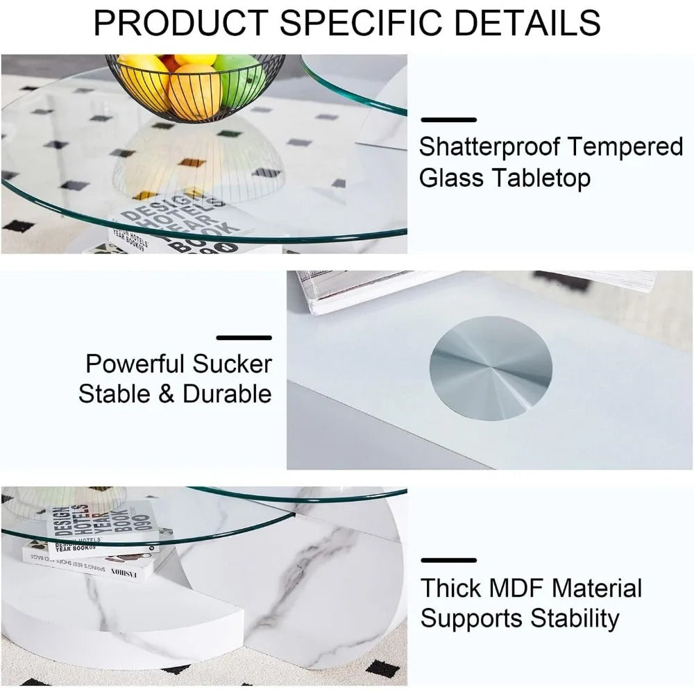 Modern Round Glass Coffee Table – 3-Tier Circle Table with Tempered Glass Top & Storage Shelves for Living Room or Small Spaces, White