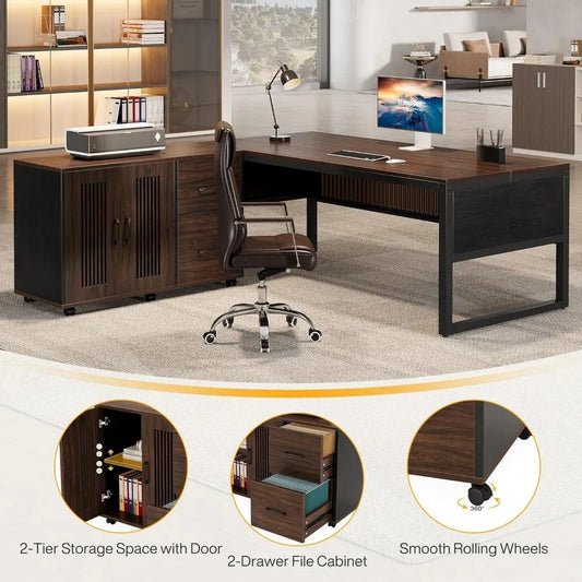 63" L-Shaped Executive Desk with Mobile File Cabinet – Modern Dark Walnut Corner Office Desk with Storage Drawers & Door Cabinet