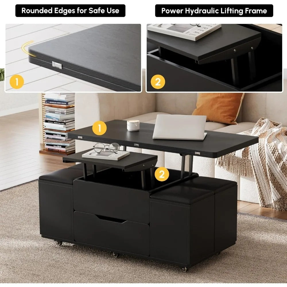 3-in-1 Lift-Top Coffee Table with Hidden Storage & 4 Stools – Black, Modern, on Wheels