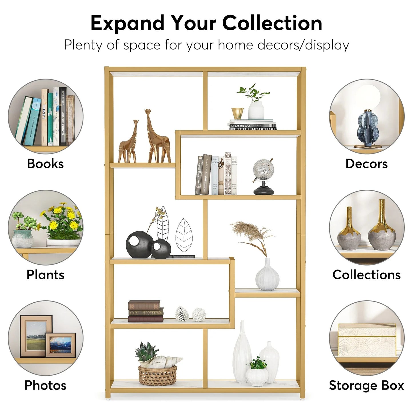 Modern Gold Display Bookshelf with Faux Marble – 8 Open Shelves Geometric Etagere for Living Room or Office