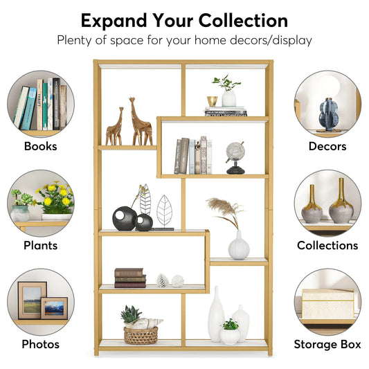 Modern Gold Display Bookshelf with Faux Marble – 8 Open Shelves Geometric Etagere for Living Room or Office