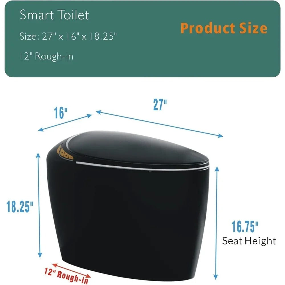 12” Smart Elongated Toilet with Bidet, Auto Flush, Foot Sensor & Heated Seat – Matte Black