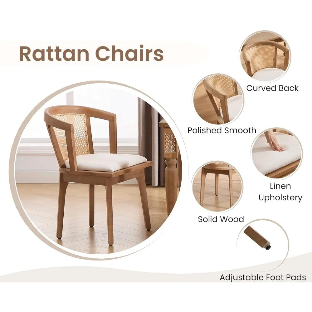 Mid-Century Modern Rattan Dining Chairs Set of 4 – Wooden Farmhouse Cane Back Chairs with Beige Linen Upholstery