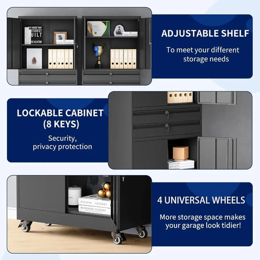 Heavy-Duty Metal Storage Cabinet with Lock, Drawers & Wheels