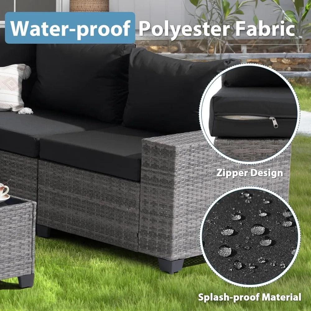 6-Piece Outdoor Wicker Patio Furniture Set – Sectional Sofa with Coffee Table, Dual Cushion Covers, All-Weather PE Rattan & Powder-Coated Frame