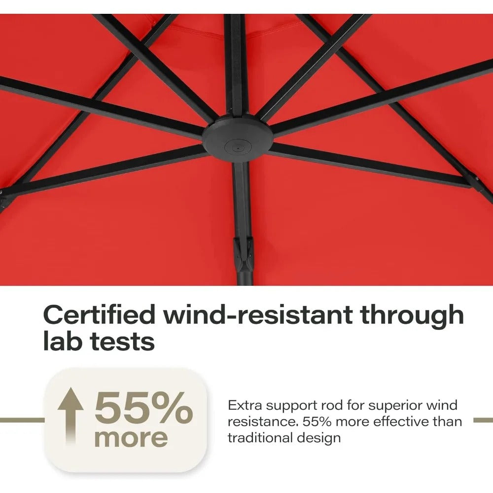 11 FT Cantilever Patio Umbrella with Base – 360° Rotating Offset Umbrella, Heavy-Duty UV & Water-Resistant Fabric, Red