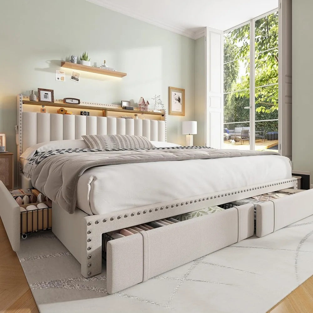 King Size Upholstered Bed Frame with Headboard, 4 Storage Drawers, Shelves & Noise-Free Support – 1200LBS Capacity, Beige