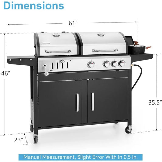 3-Burner Gas & Charcoal Grill Combo with Side Burner, 685 sq.in Cooking Area, 37,000 BTUs, Cast Iron Grates, Built-in Thermometer