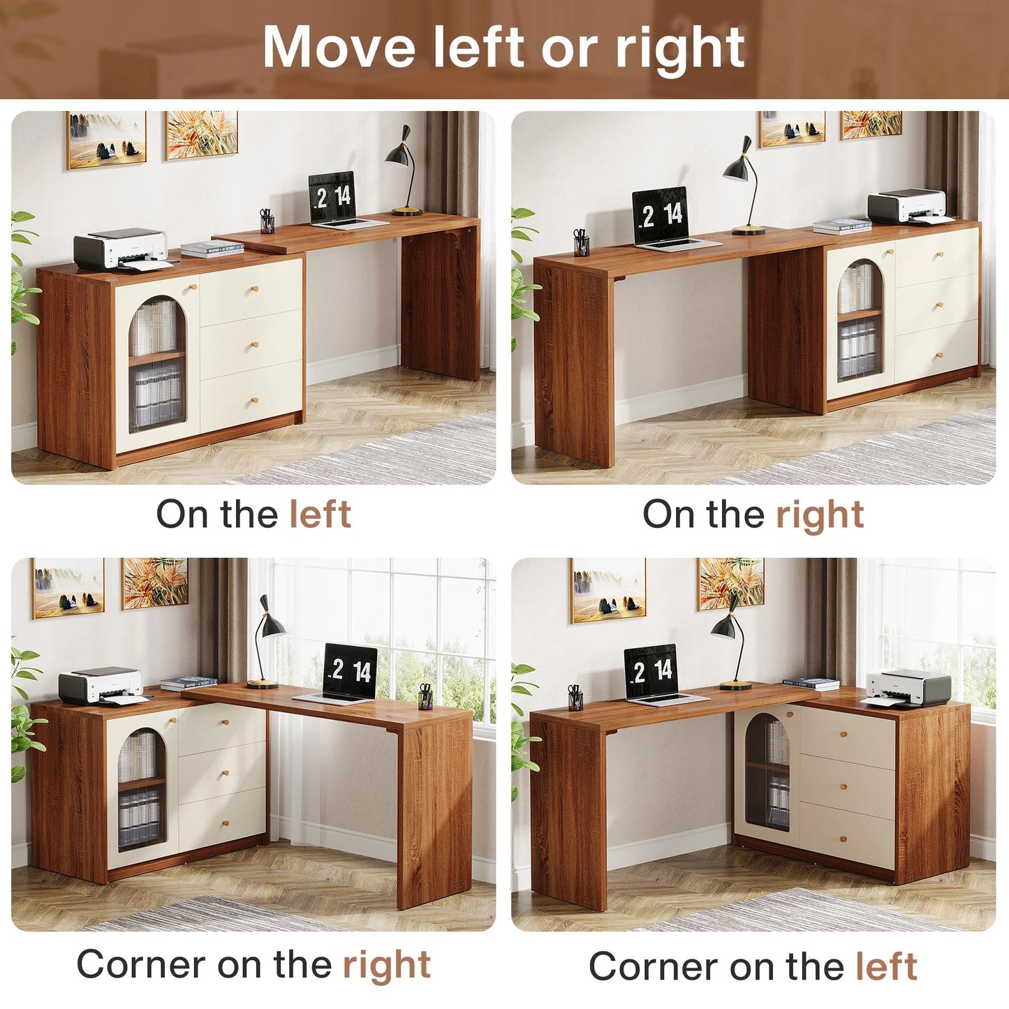 Modern L-Shaped Computer Desk with Drawers and Reversible Cabinet
