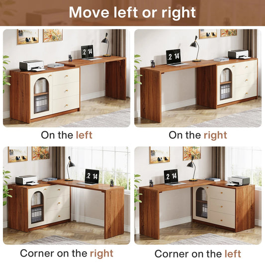 Modern L-Shaped Computer Desk with Drawers and Reversible Cabinet