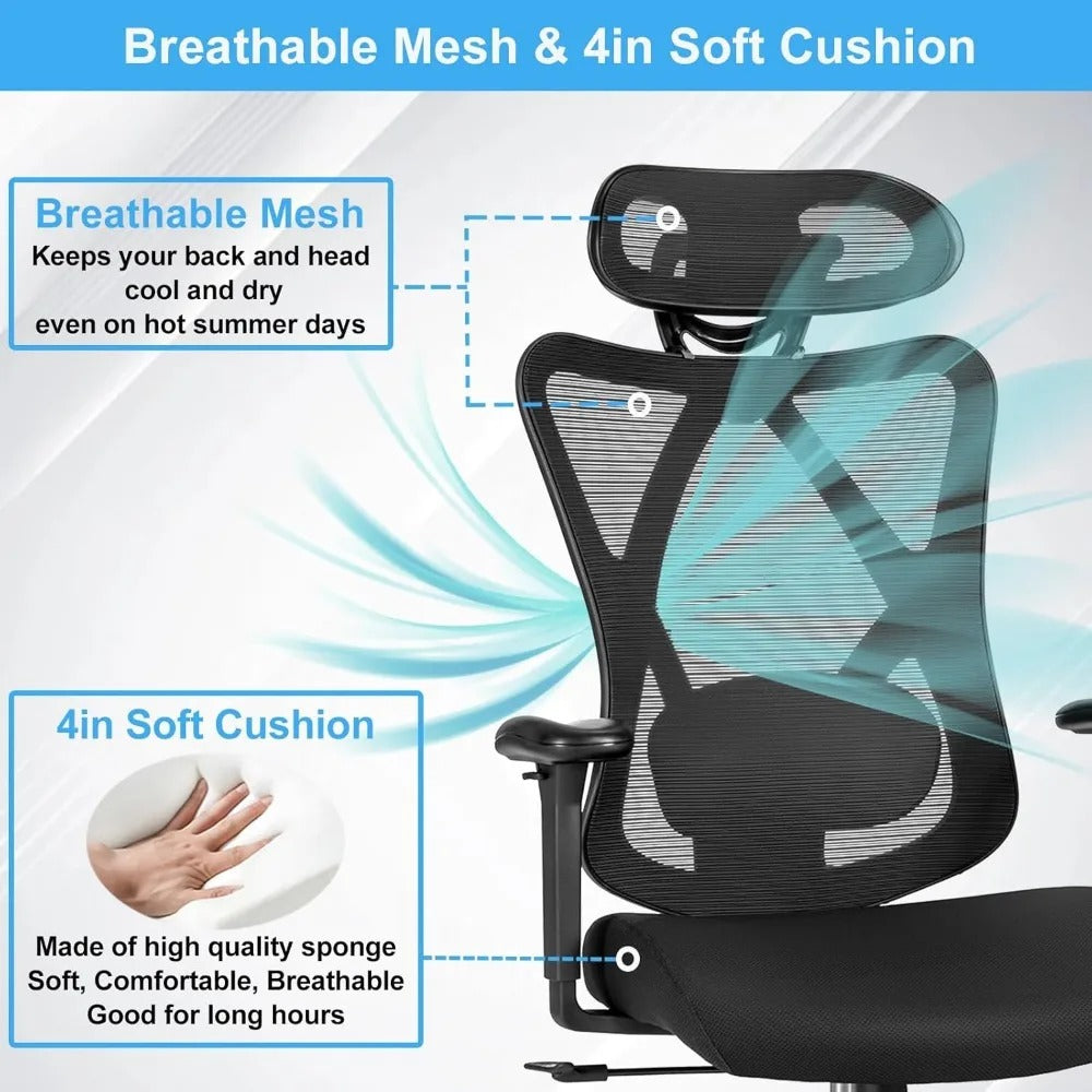 Ergonomic Mesh Office Chair with 2D Lumbar Support – High Back Desk Chair with Adjustable Headrest & Armrests