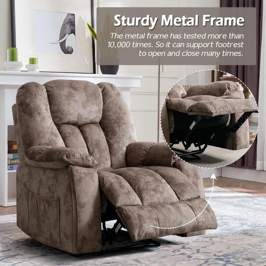 Manual Heated Recliner Chair with Massage, Cup Holders & Overstuffed Back – Soft Fabric Lounge Chair for Full-Body Relaxation (Brown)