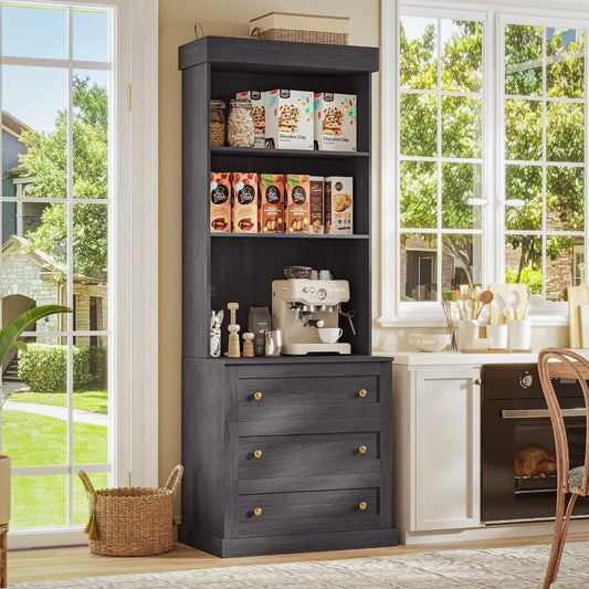 71" Tall Farmhouse Storage Cabinet with Glass Doors & Drawers – Modular Bookcase with Countertop & Adjustable Shelves