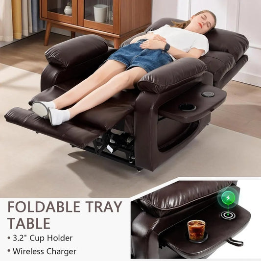 Dual Motor Power Lift Recliner Chair with Massage & Heat – Lay Flat Infinite Position Recliner for Adults & Seniors, Foldable Tray, Cup Holder, USB Charging, Faux Leather