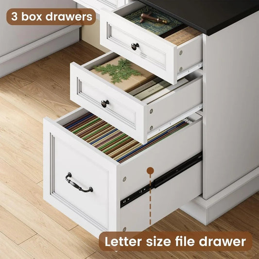 Farmhouse Executive Desk with Drawers, File Cabinet, Power Outlet & RGB LED – 59" Computer Desk with Hutch & Storage for Home Office